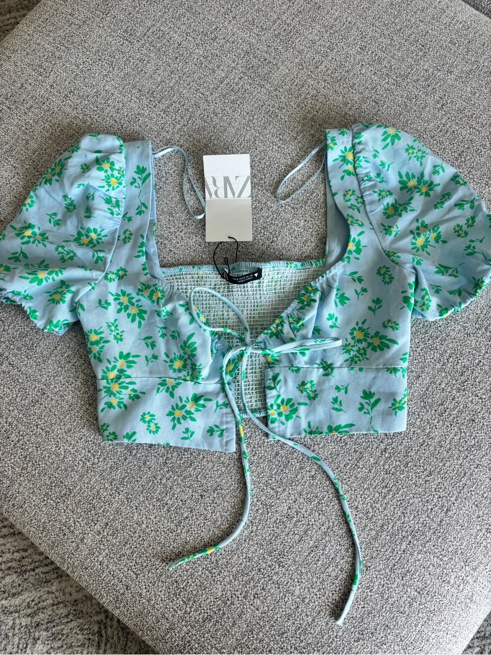 Zara Mint Blue Floral Tie-Front Crop Top